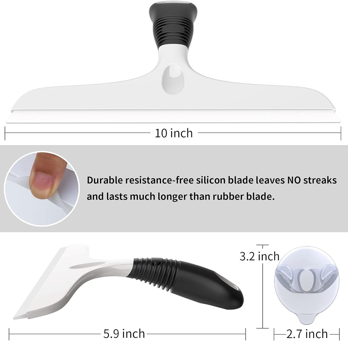 MR.SIGA Multi-Purpose Silicon Squeegee for Window, Glass, Shower Door, Car Windshield, Heavy Duty Window Scrubber, Includes Suction Hook, 10 inch, White & Gray, 1 Pack