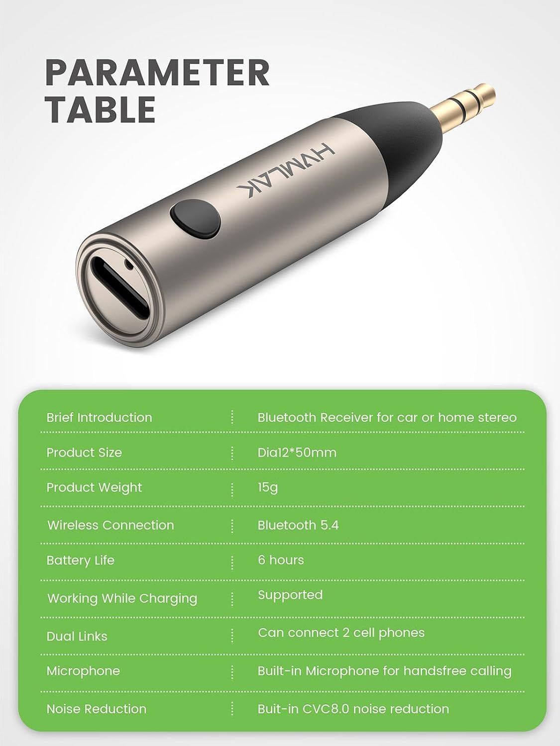 HVMLAK Bluetooth 5.4 Car Aux Adapter with Enhanced Microphone, 3.5mm Jack for Car Home Stereo, USB-C Charging, Sturdy Case, 1 Piece