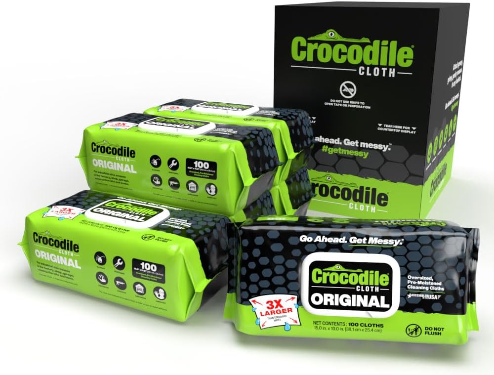 Crocodile Cloth Original Cleaning Wipes, Heavy-Duty Multi-Surface Hand & Tool Wipes, Water-Based, Safe on Skin, 100 Count, 15 x 10 Inch