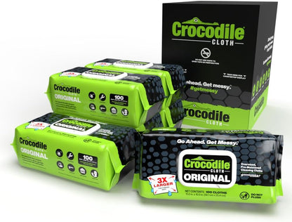 Crocodile Cloth Original Cleaning Wipes, Heavy-Duty Multi-Surface Hand & Tool Wipes, Water-Based, Safe on Skin, 100 Count, 15 x 10 Inch