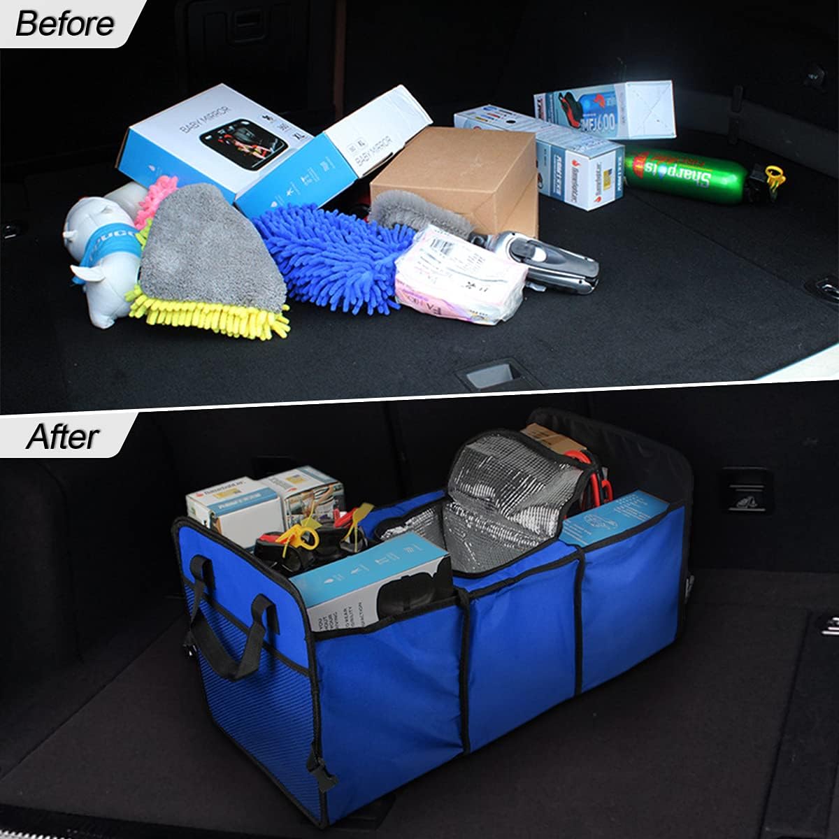 Car Trunk Organizer, Portable Foldable Waterproof Auto Storage Bag with 3 Compartments, Collapsible Cargo Trunk Groceries Organizer, Car Accessories Universal for SUV, Truck, Van, Sedan (Black2)