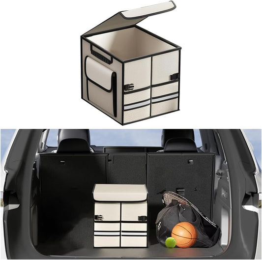 Car Trunk Organizer, Multi-Compartment Collapsible Vehicle Cargo Storage Organizer with Lid, Non Slip Waterproof Storage Box with Reinforced Handles, Universal Automotive Accessories (Black)