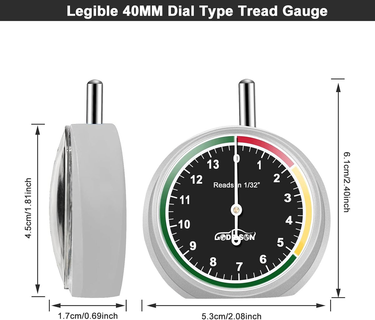 GODESON Tire Tread Depth Gauge,Metal Tread Depth Gauge with Clip,Tire Depth Gauge 32nds for car, Truck, Vehicle, Motocycler etc(Pack of 2)