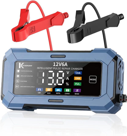 Car Battery Charger and Automatic Trickle Charger Battery Maintainer with Intelligent Pulse Repair Digital Display trickle Charger for car Battery 12v 6A for AGM LiFePO4 Motorcycle Batteries