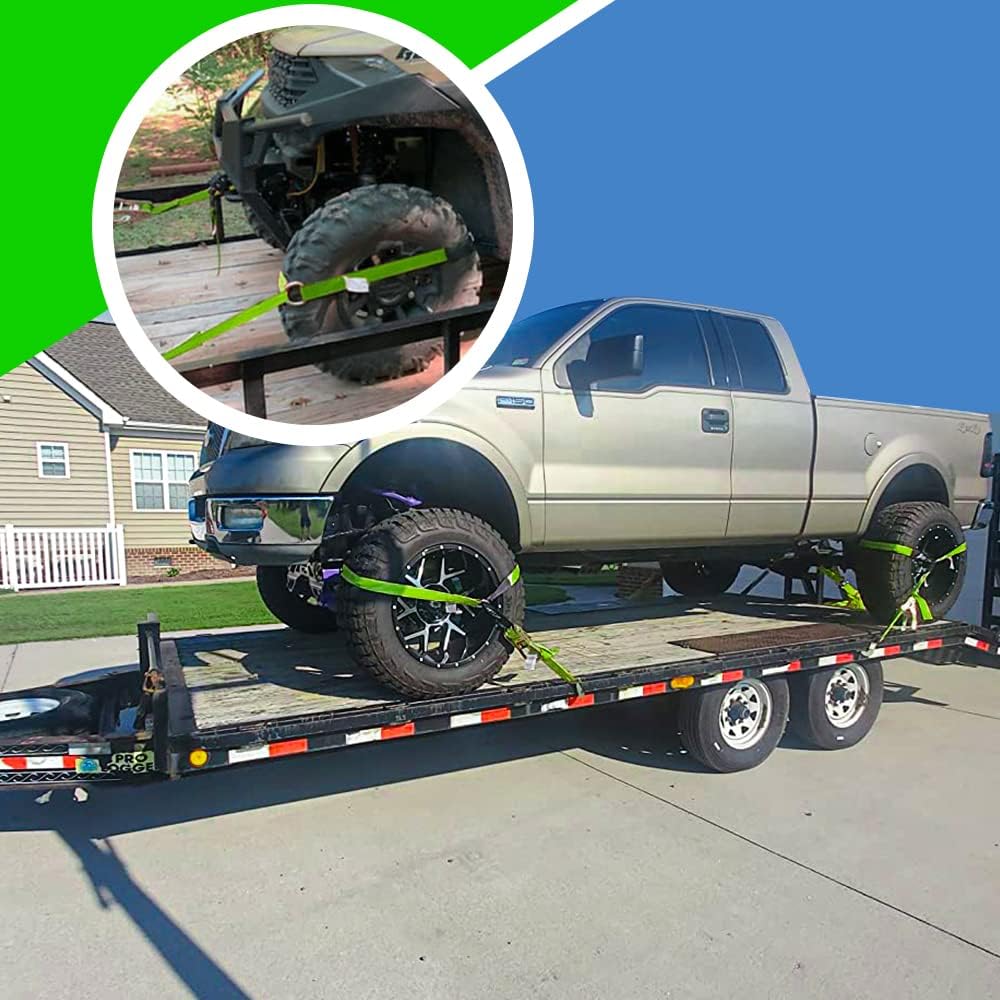 Car Tie Down Straps for Trailers- 4 Pack 2"x96" with Tire Strap 3,300lb Safe Working Load - Adjustable Straps with Snap Hooks (Green)
