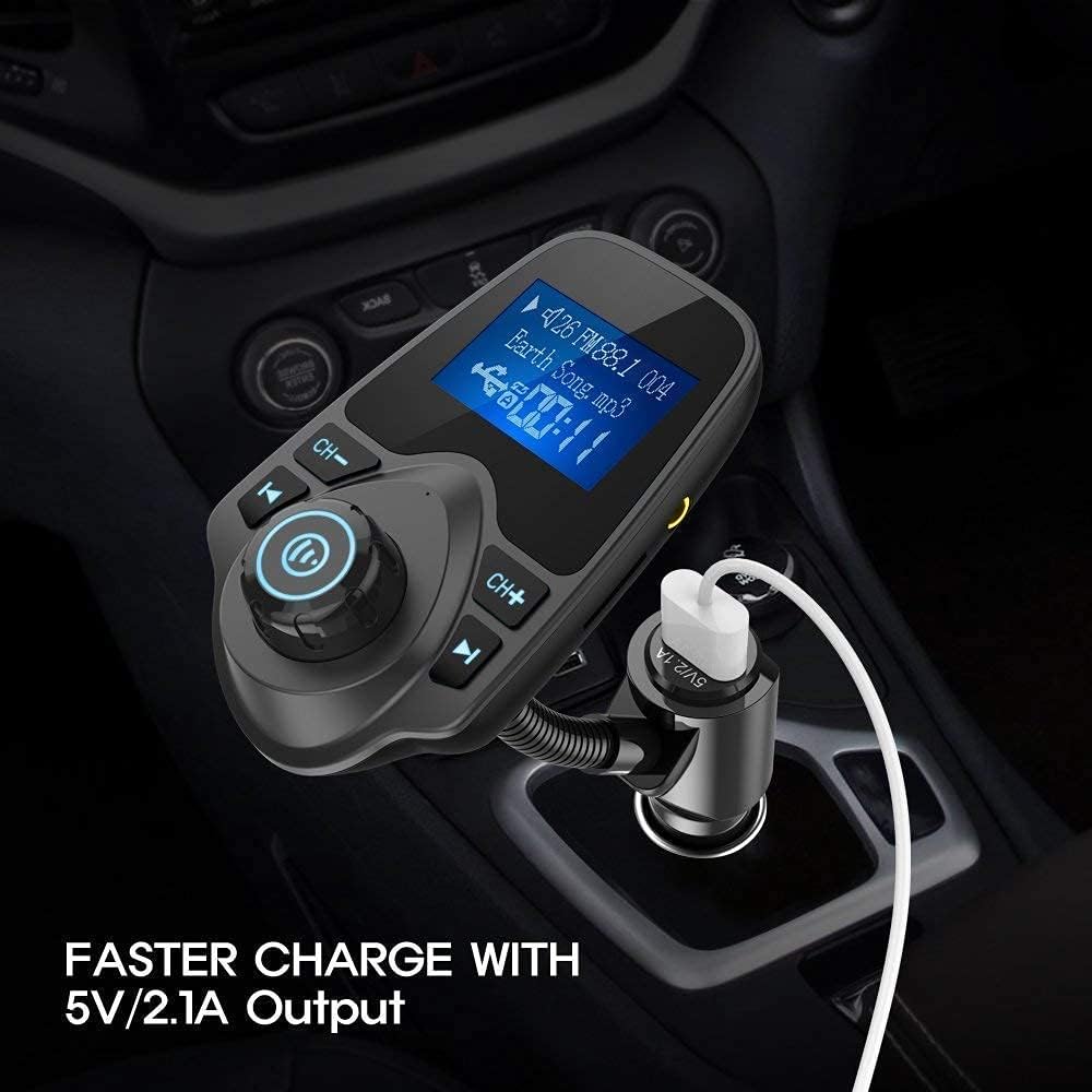 Nulaxy KM18 Bluetooth 5.4 Car Adapter with 1.44" Clear Display & Flexible Gooseneck - FM Radio Transmitter & Bluetooth Receiver for Hands-Free Calls, Wireless Music via BT/FM/AUX/TF, USB Car Charger