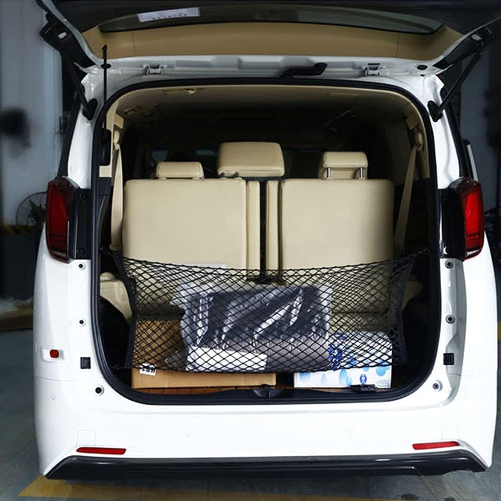 Car Rear Cargo Net, Universal Adjustable Elastic Trunk Cargo Storage Organizer Net Compatible for SUV, Jeep, Truck, Storage Nylon Mesh Double-Layer with Hooks (35.4 x 15.7 Inch)