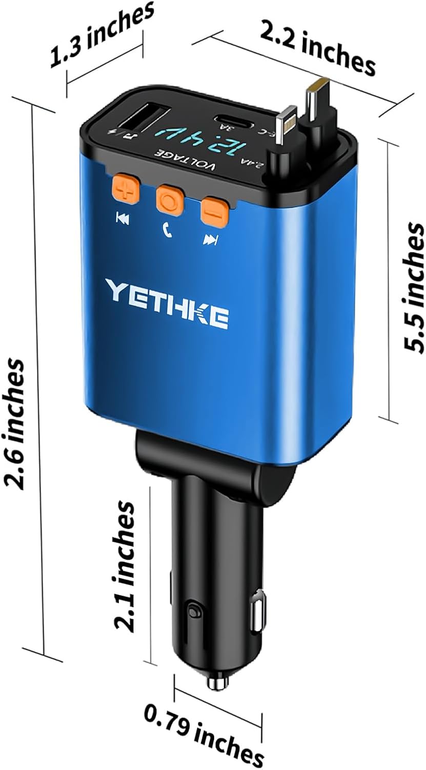 Bluetooth Car Adapter with Retractable Charger, FM Transmitter Bluetooth 5.4 for Cars, 4 in 1 Fast Car Phone Charger 69W, Handsfree Call, 2*Retractable Cable for iPhone 17/16/15/14, Galaxy-Black