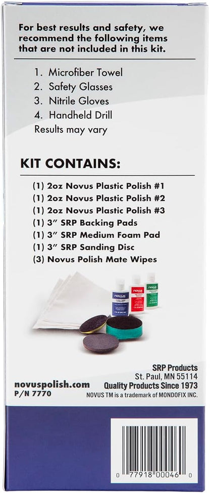 NOVUS Clear in Five Headlight Restoration Kit | 2 Ounce #1, 2, & 3 Bottles, Buffing Pad, Backing Pad Drill Attachment, 1,000 Grit Sanding Disk, 3 Polish Mates