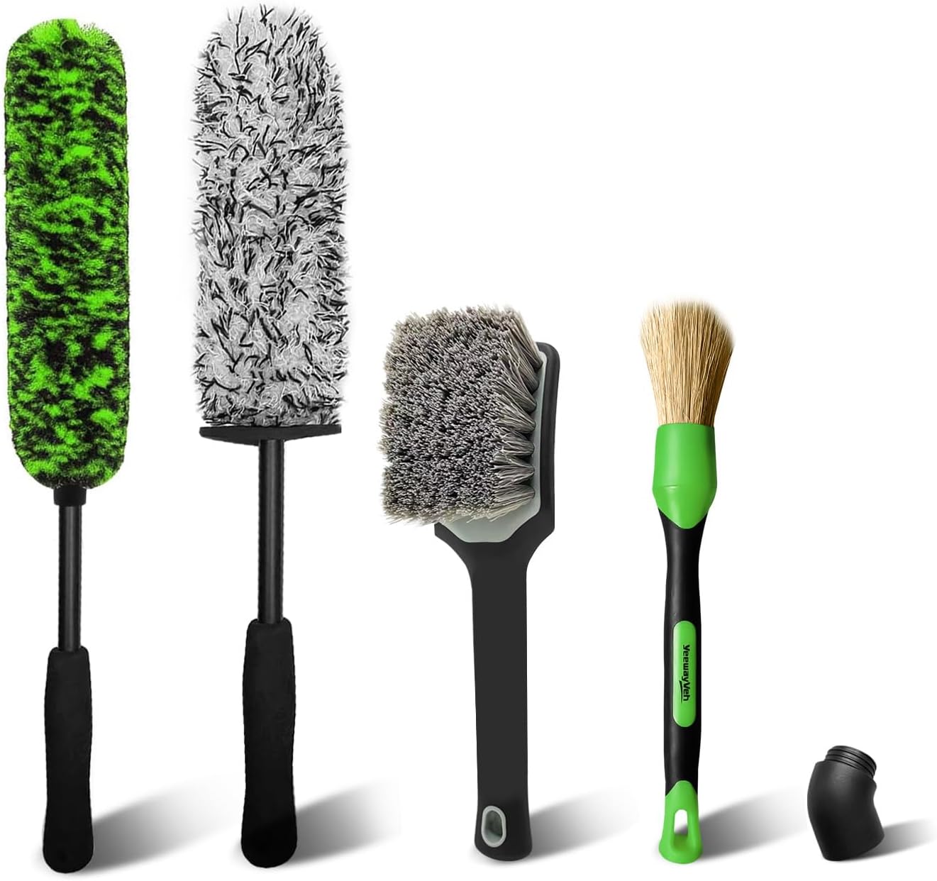 YeewayVeh 3PCS Quick Car Wheel Brush Kit, 2-Size 360° Bendale Rim Cleaner Brushes, Boars Hair Detailing Brush, Fast Scratch-Free Cleaning for Car Wheels, Motorcycle, Green