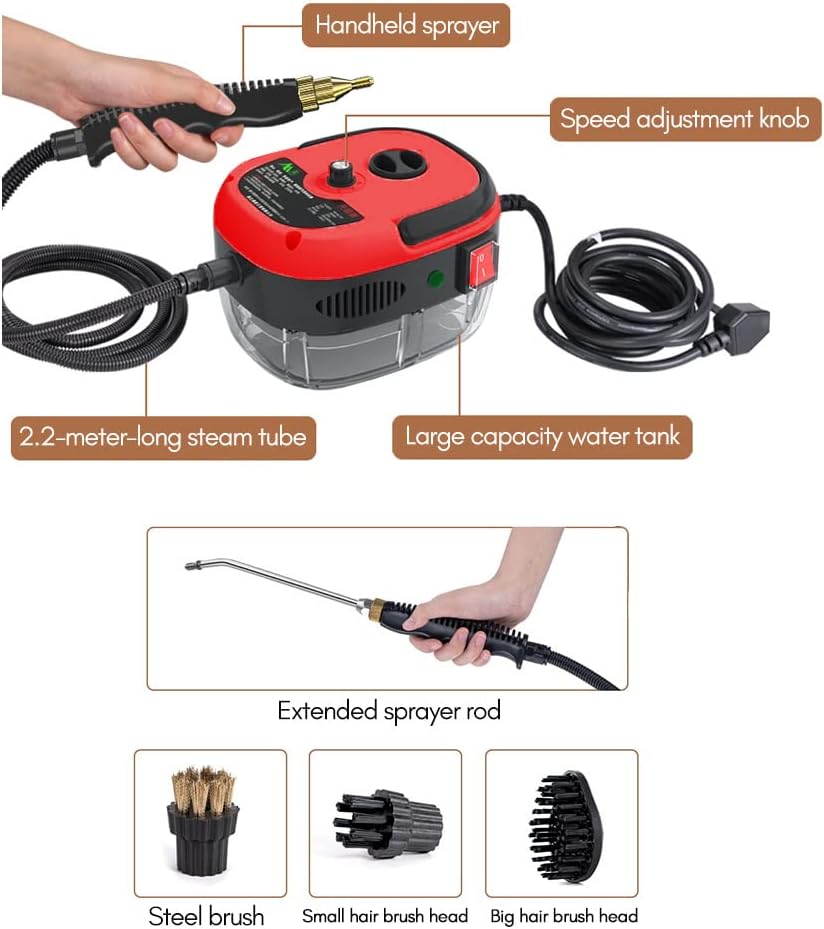 2500W Handheld Steam Cleaner High Temperature Pressurized Steam Cleaning Machine Portable Car Steamer with Brush Heads (Red)
