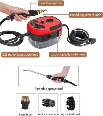 2500W Handheld Steam Cleaner High Temperature Pressurized Steam Cleaning Machine Portable Car Steamer with Brush Heads (Red)