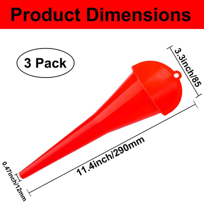 3-Pack Long-Neck Oil Funnels, 11" Multi-Purpose Funnels for Automotive & Motorcycle Use – Reusable Funnel for Oil, Gas & Transmission Fluid (Orange&Blue&Black)