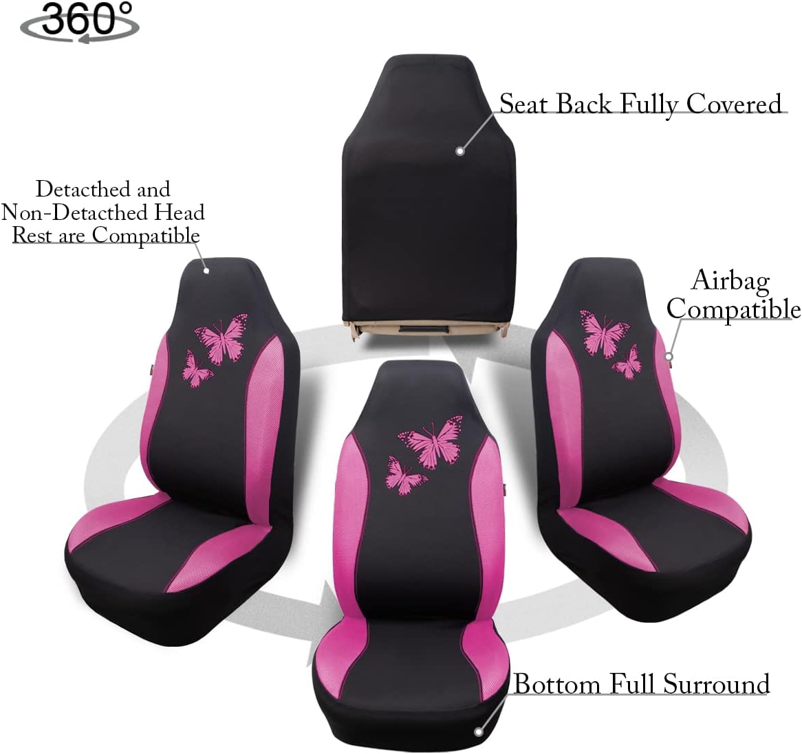 Flying Banner Butterfly car seat Covers ful Set Fashion Universal Lady Woman Female Rear Bench Split Colorized (Pink, 2 Fronts - Lace)