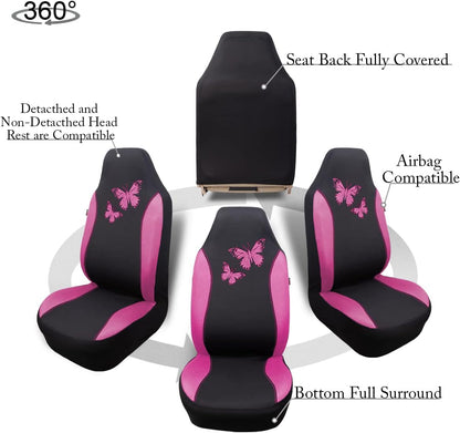 Flying Banner Butterfly car seat Covers ful Set Fashion Universal Lady Woman Female Rear Bench Split Colorized (Pink, 2 Fronts - Lace)