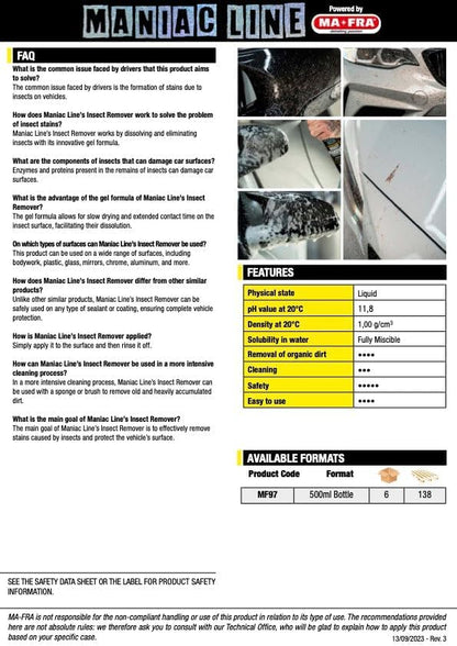 MANIAC LINE MAFRA Insect Remover | Fast Bug and Sap Dissolver | Safe on Paint Glass and Plastics | Pre Wash Pretreatment for Less Scrubbing | For Grilles Mirrors and Windscreens | 500 Milliliters