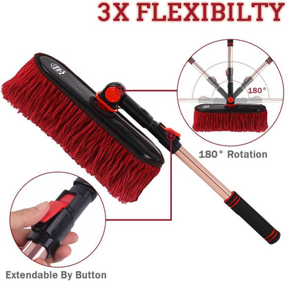 Car Duster Exterior Scratch Free,Car Dust Brush with Extendable Telescoping Handle to Remove Dust Pollen,Duster for Car,Truck,RV and Motorcycle,Large Auto Mop Duster Head, Wax Cotton Hair