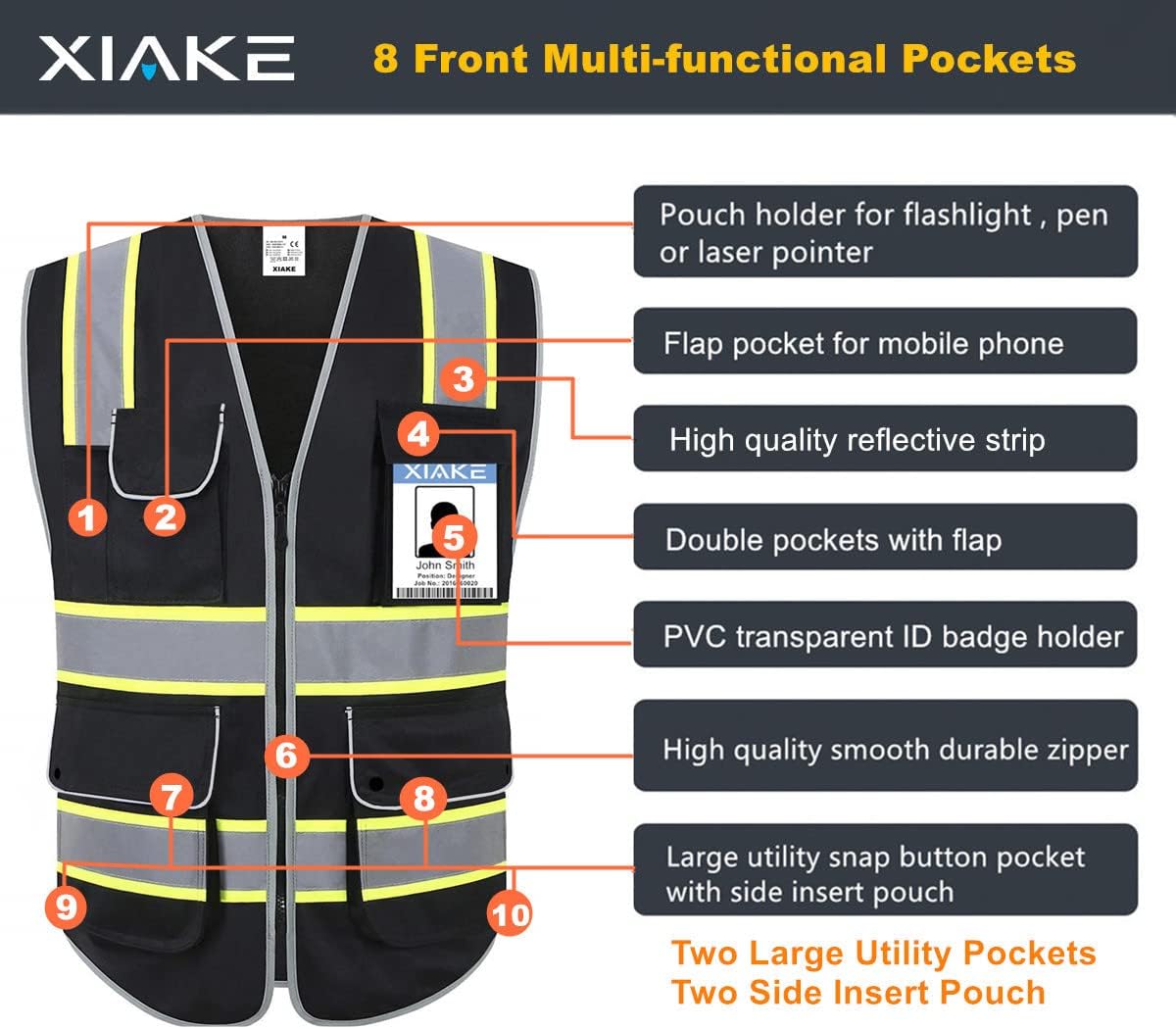 XIAKE Reflective Safety Vest for Men & Women High Visibility Class 2 Vest with Pockets Meets ANSI Standards