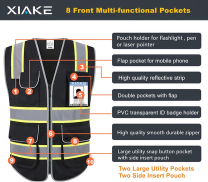 XIAKE Reflective Safety Vest for Men & Women High Visibility Class 2 Vest with Pockets Meets ANSI Standards