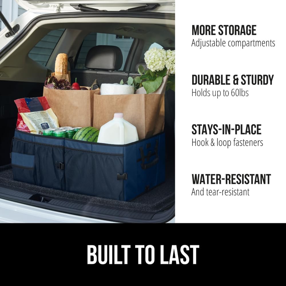 GORILLA GRIP Trunk Organizer for SUV and Cars, Large Capacity Collapsible Car Trunk Storage Organizer, Heavy Duty Car Accessories, Gifts for Mom and Dad, Slip & Water Resistant Multi Compartment Black