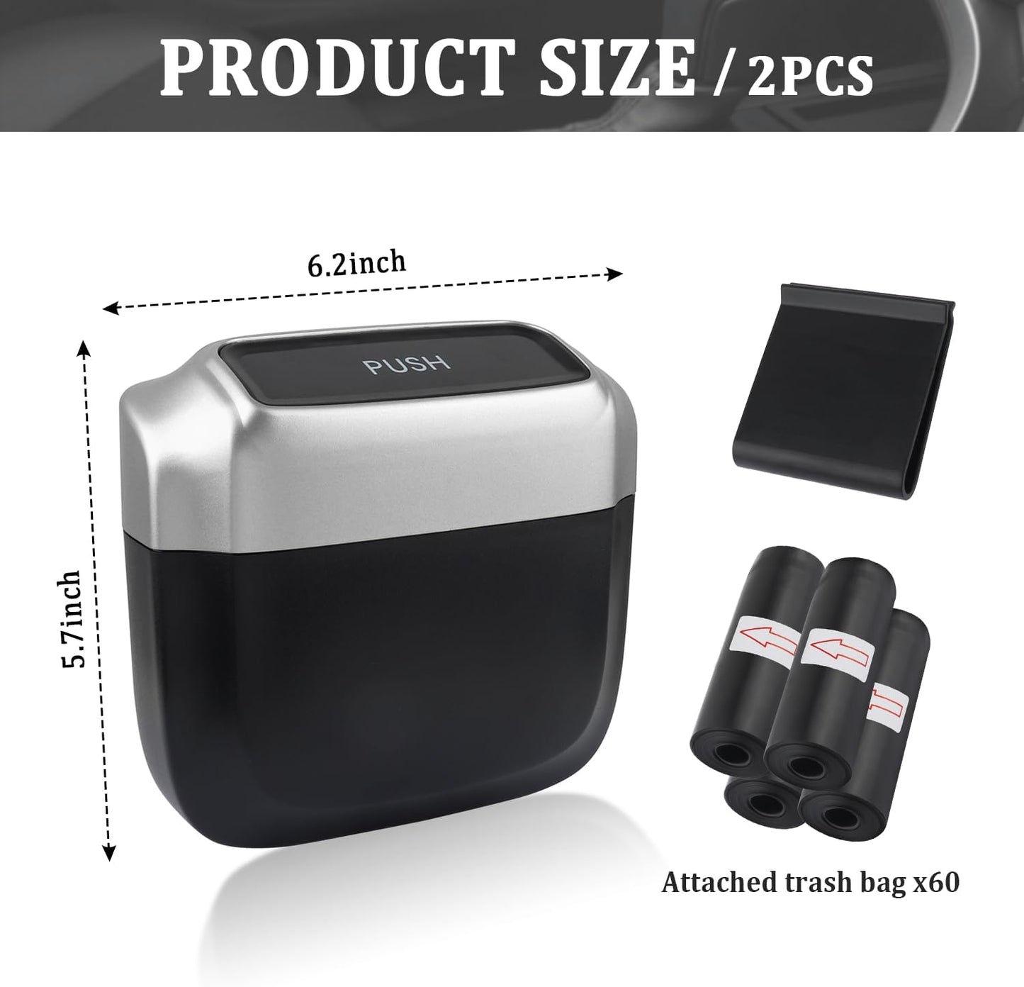 IHOTDER 2PCS Car Trash Can with Lid + 60PCS Garbage Bags,Mini Trash Can Interior Accessories for Door/Seat/Center Console/Home/Office,Multifunctional Car Organizers and Storage (Black)