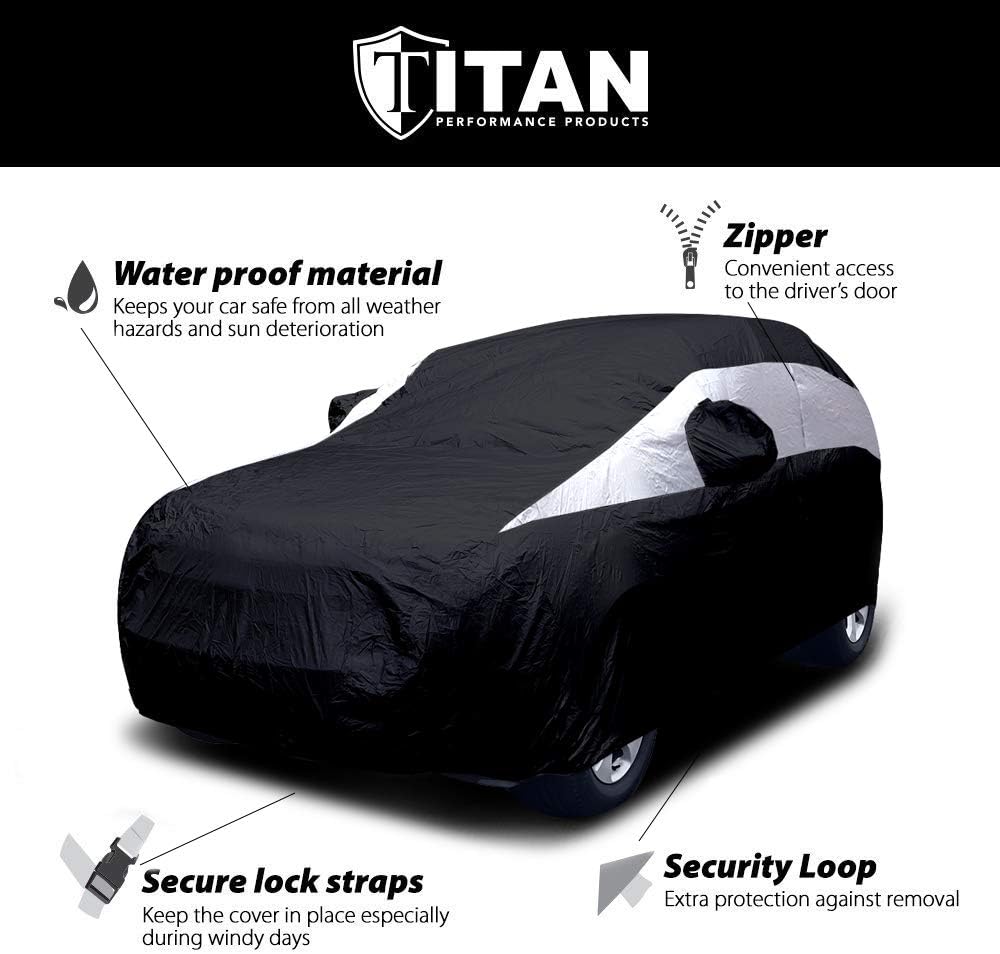 Titan Jet Black Poly 210T Car Cover for Sedans 186-202". Waterproof, UV Protection, Scratch Resistant, Driver-Side Zippered Opening. Fits Camry, Accord and More.