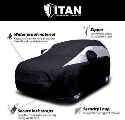 Titan Jet Black Poly 210T Car Cover for Sedans 186-202". Waterproof, UV Protection, Scratch Resistant, Driver-Side Zippered Opening. Fits Camry, Accord and More.