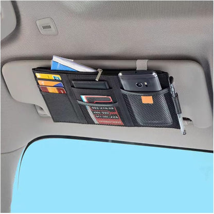 Car Sun Visor Organizer, Auto Interior Visor Storage Pouch Holder with Zipper, Multi-Pocket Net Personal Belonging Organizer, Universal Car Accessory for Cards, Documents (Black)