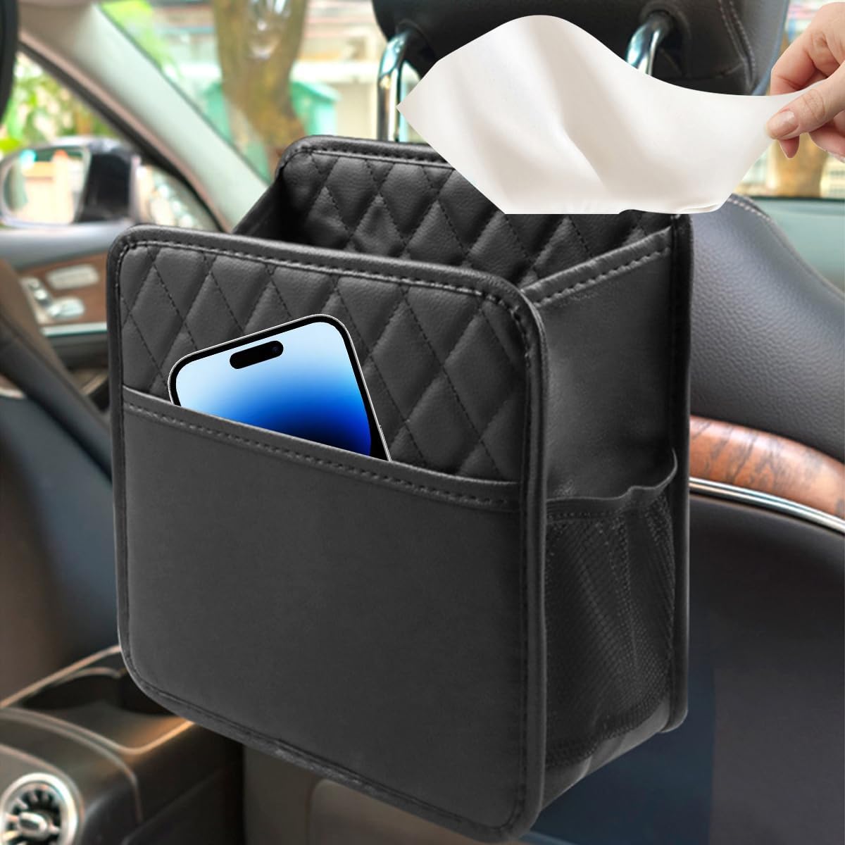 Mandark Car Seat Back Organizer, PU Leather Vehicle Backseat Hanging Storage Pocket, Multipurpose Auto Travel Essentials Accessories for Kids & Adults, Universal for Most Cars (Black)