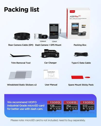 VIOFO A229 Plus Dash Cam Front and Rear, Dual STARVIS 2 Sensors, 2 Channel HDR, 1440P+1440P Voice Control Car Dash Camera, 5GHz Wi-Fi, Voice Control, Ultra-Precise GPS