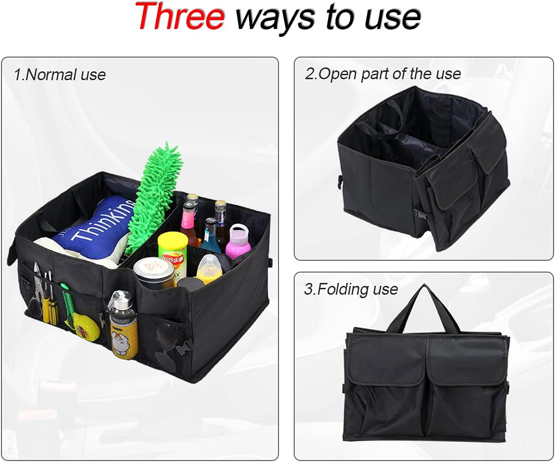 Car Trunk Organizer, Portable Foldable Waterproof Auto Storage Bag with 3 Compartments, Collapsible Cargo Trunk Groceries Organizer, Car Accessories Universal for SUV, Truck, Van, Sedan (Black2)