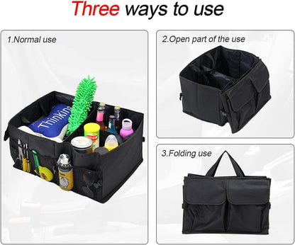 Car Trunk Organizer, Portable Foldable Waterproof Auto Storage Bag with 3 Compartments, Collapsible Cargo Trunk Groceries Organizer, Car Accessories Universal for SUV, Truck, Van, Sedan (Black2)