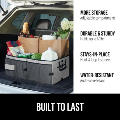 GORILLA GRIP Trunk Organizer for SUV and Cars, Large Capacity Collapsible Car Trunk Storage Organizer, Heavy Duty Car Accessories, Gifts for Mom and Dad, Slip & Water Resistant Multi Compartment Black