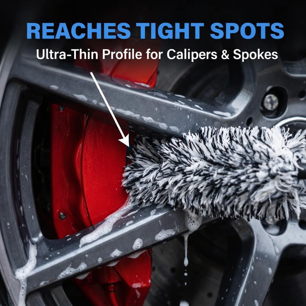 8PCS All-in-One Wheel & Tire Cleaning Kit - 360° Flexible Synthetic Wool Rim Brush, 2 Dual-Hardness Brushes, Dressing Pads & Storage Bag | Scratch-Free for All Vehicles