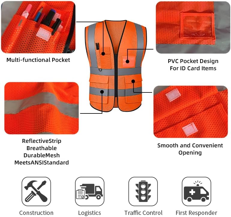 Reflective Safety Vest for Women Men High Visibility Security With Pocket Zipper Front Meet ANSI/ISEA Standard