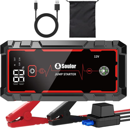 Jump Starter, Battery Jumper Starter Portable, Car Battery Jump Starter with 3 Modes Flashlight, Compass, Power Bank and Jumper Cable