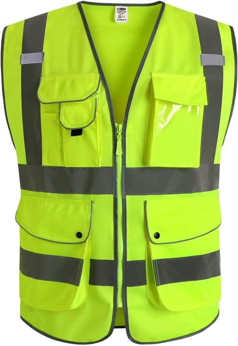 JKSafety 9 Pockets Class 2 High Visibility Zipper Front Safety Vest With Reflective Strips,Meets ANSI/ISEA Standard (Large, 150-Yellow) - Colors A