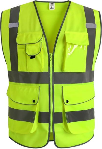 JKSafety 9 Pockets Class 2 High Visibility Zipper Front Safety Vest With Reflective Strips,Meets ANSI/ISEA Standard (Large, 150-Yellow) - Colors A