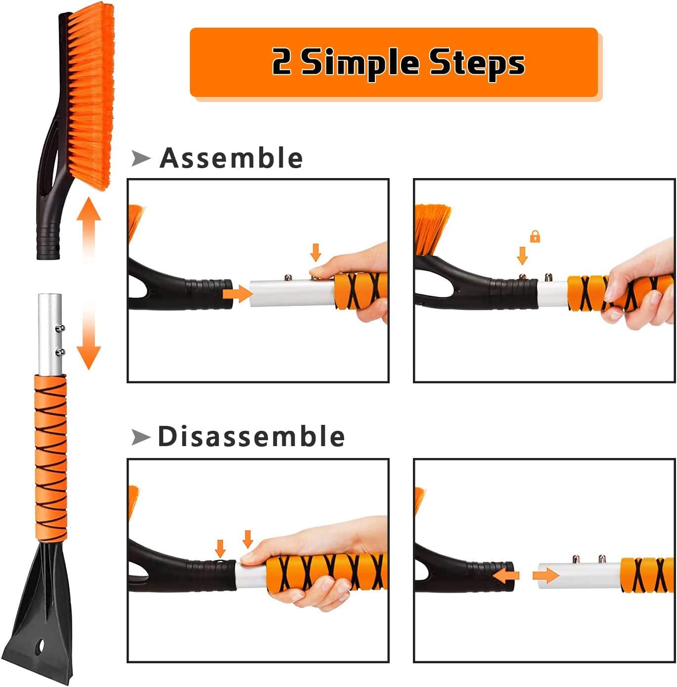 27" Snow Brush and Ice Scrapers for Car Windshield, Trucks, Car Accessories | 2 in 1 Detachable Snow Remover with Ergonomic Foam Handle
