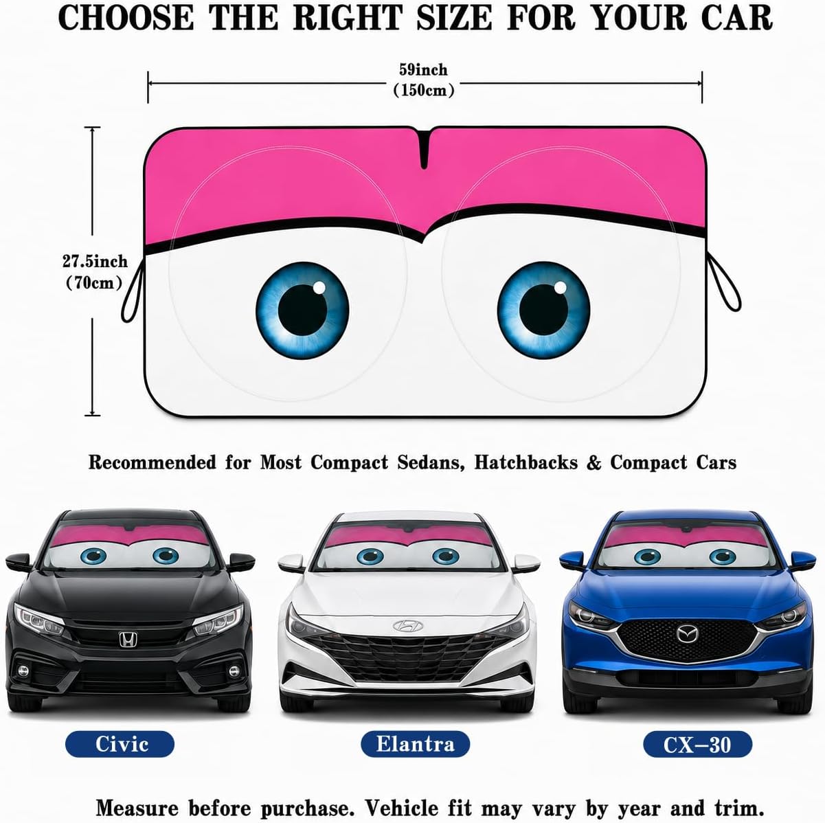 Car Windshield Sun Shade, Funny Cartoon Eyes Sun Visor for Car Windshield Universal Fits Sedan Compact Car Hatchback SUV, UV Heat Protection - 59 x 27.5