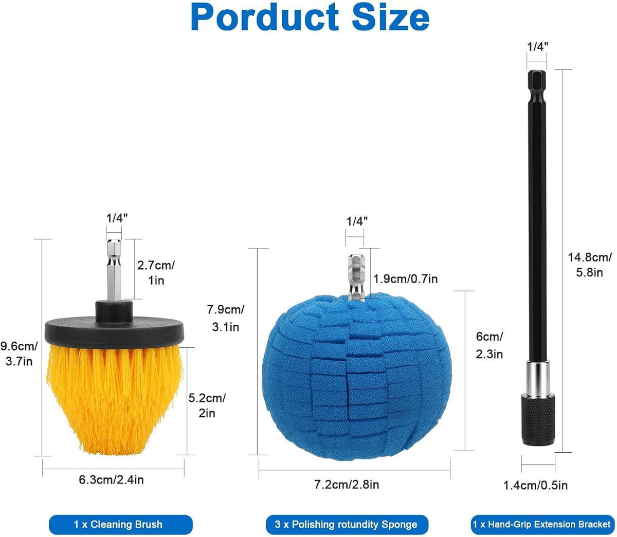 Linkstyle 5PCS Drill Polishing Ball Set, Car Wheel Polisher Sponge Pad Kit with Long Extension Pole & Cleaning Brush, Buffing Ball for 1/4" Hex Drill, Car Rim and Metal Surface Polishing Tool