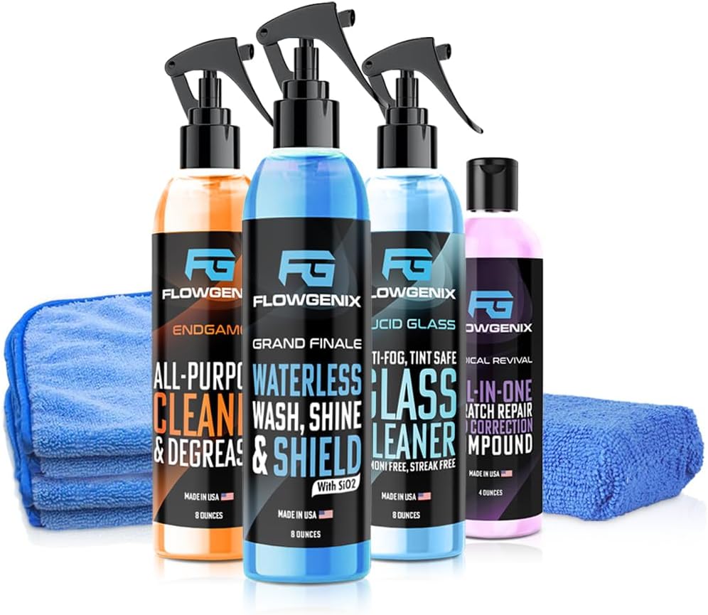 Flowgenix™ Waterless Car Wash Spray - Grand Finale - Motorcycle Cleaner & Car Wax Polish (8 oz) - Ceramic Coating - Incl. 2 Microfiber Towels - Quick Detailer Spray to Make Your Vehicle Shine