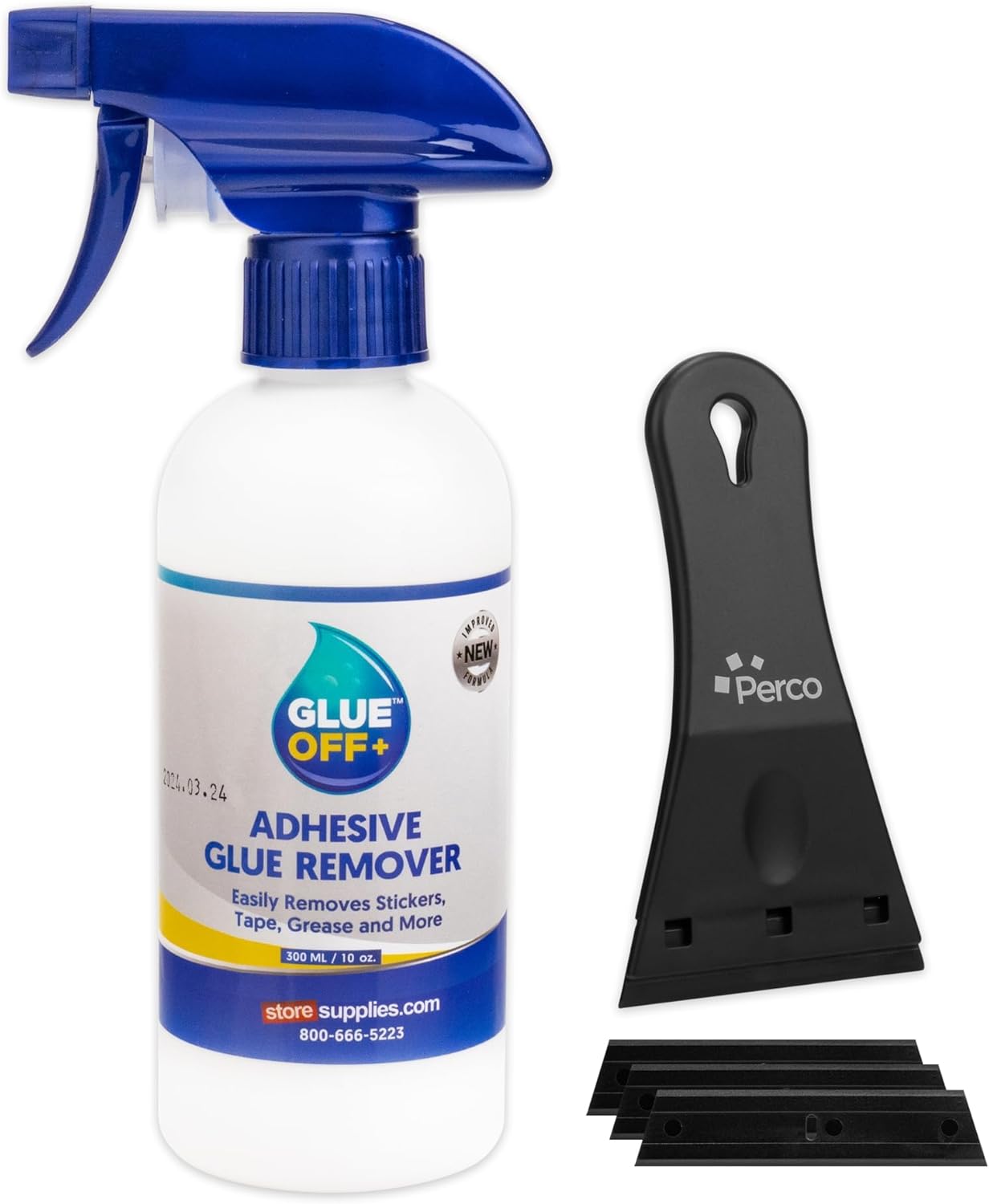 Perco Glue Off Adhesive Sticker Remover 3.3 fl. oz & Scraper with Plastic Razor for Removing Labels (Adhesive Sticker Remover & Scraper w/Plastic Razor)