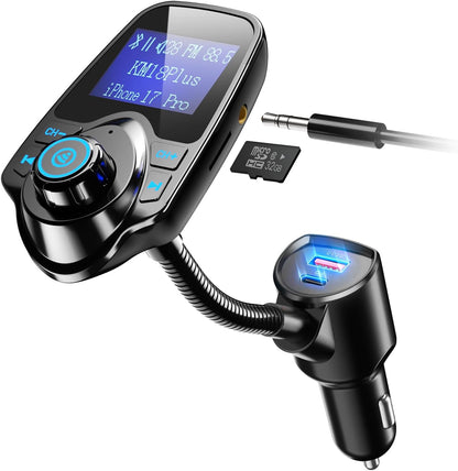 Nulaxy KM18 Plus Bluetooth 5.4 Car Adapter with 48W Fast Charging PD 30W & QC3.0 18W, 1.44" Screen Wireless Radio FM Transmitter with Flexible Gooseneck, Supports Hands-Free Call, TF Card & AUX, Black