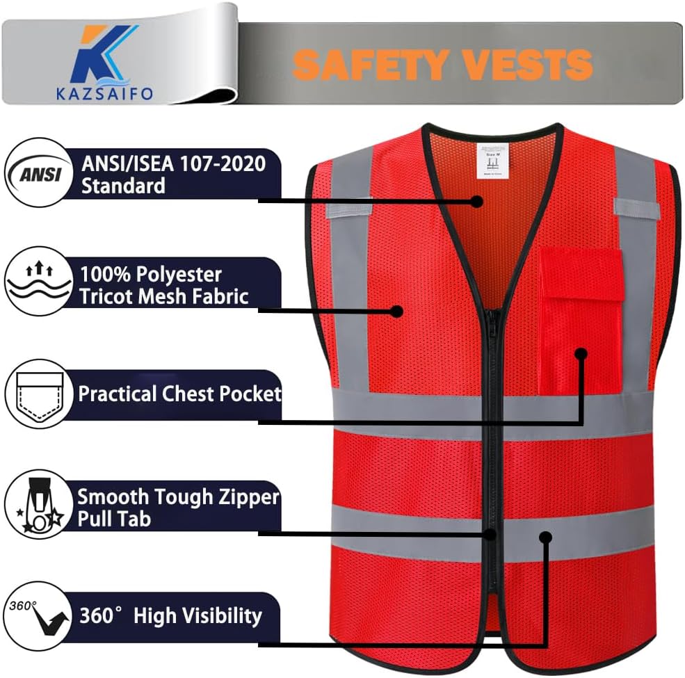Hi Vis Reflective Safety Vest for Men Women with Chest Pocket Mesh High Visibility Class 2 Construction Vest,Meets ANSI/ISEA Standard(KZ179-Yellow-L)