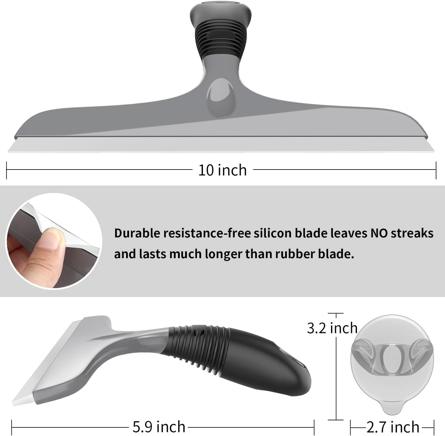 MR.SIGA Multi-Purpose Silicon Squeegee for Window, Glass, Shower Door, Car Windshield, Heavy Duty Window Scrubber, Includes Suction Hook, 10 inch, White & Gray, 1 Pack