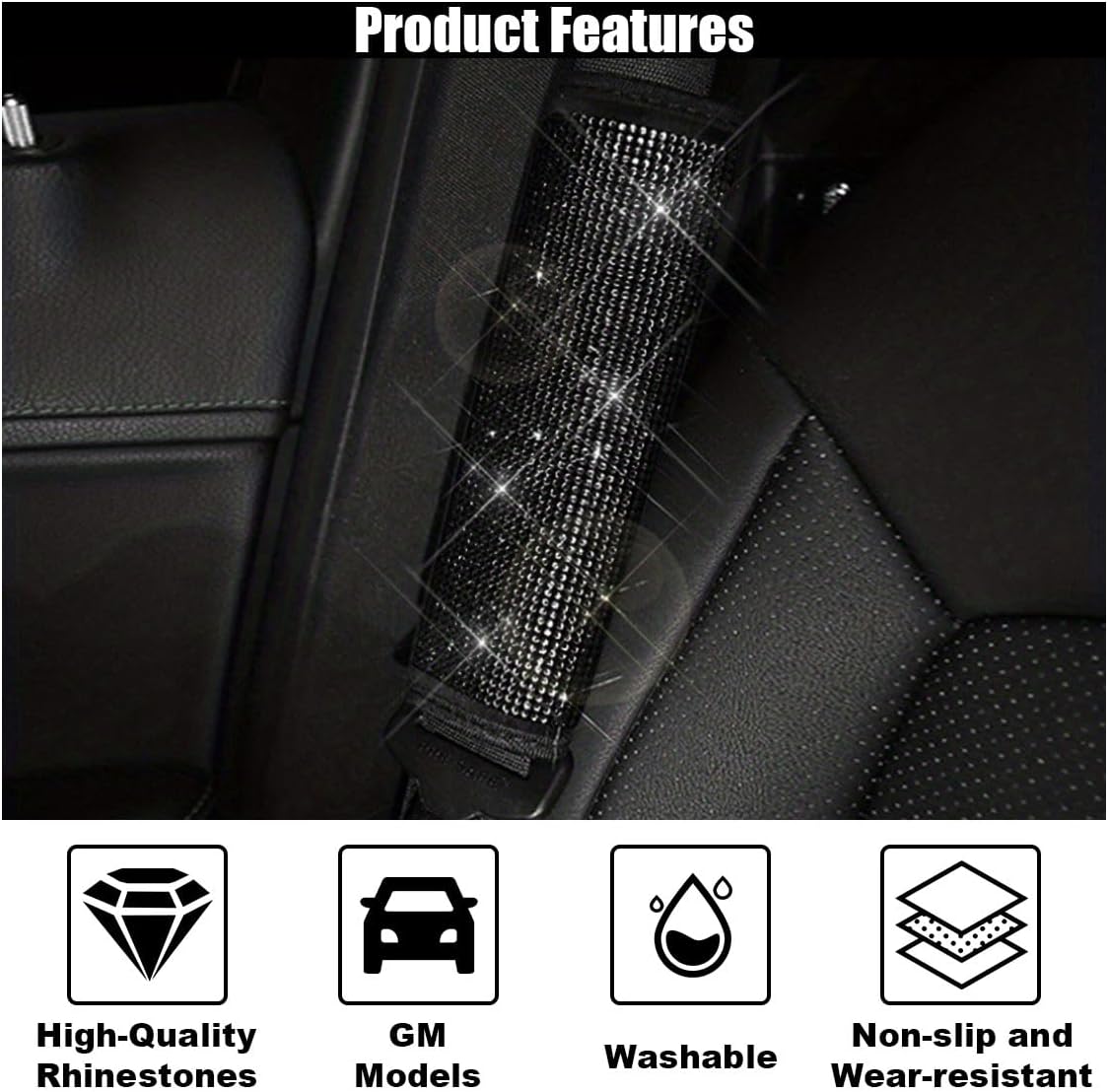 GLSOWEE 2PCS Bling Car Seat Belt Shoulder Pads, Bling Rhinestones Seat Belt Covers for Women, Car Seatbelt Strap Pad with Crystal Diamond, Car Interior Accessories for Car SUV (Black Diamond)