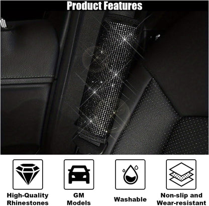GLSOWEE 2PCS Bling Car Seat Belt Shoulder Pads, Bling Rhinestones Seat Belt Covers for Women, Car Seatbelt Strap Pad with Crystal Diamond, Car Interior Accessories for Car SUV (Black Diamond)