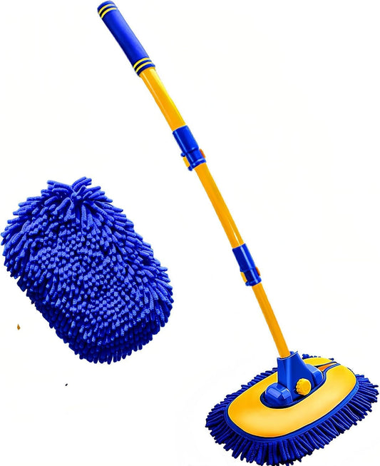 57'' Car Wash Brush with Long Handle Chenille Microfiber Car Wash Kit， Mitt Retractable Bent Pole Car Wash Brush for Cars RV Truck Boat (Yellow)