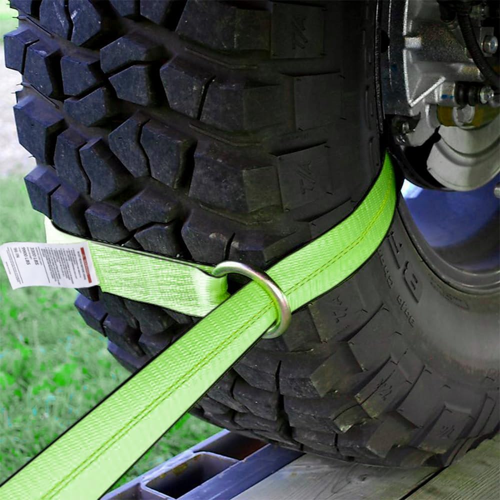 Heavy Duty Car Tie Down Straps (4PK) - 2" x 96" - 3,300 lbs Safe Working Load - Wheel Straps Comes with 5/16" Tow Hooks (Green)